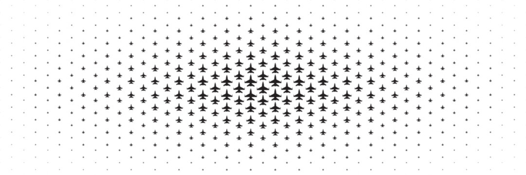horizontal halftone of black fighter plane spread from center for pattern and background.