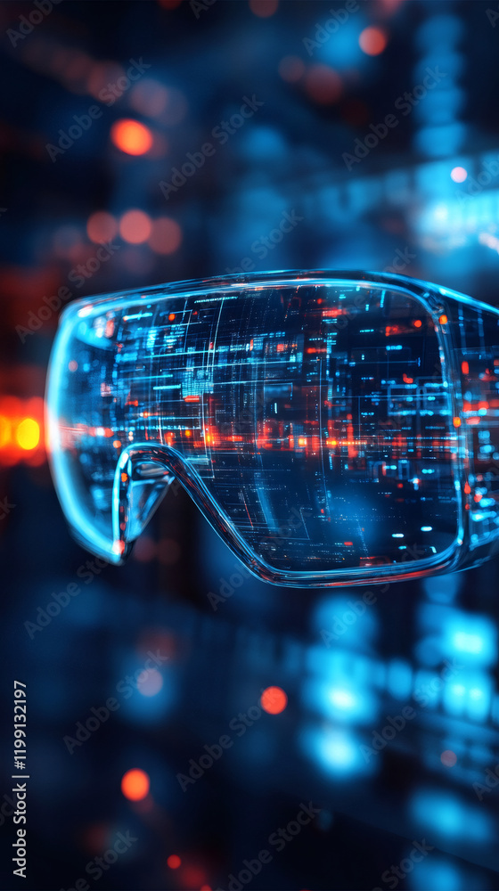 Poster Vr glasses displaying intricate computer code within a vibrant, futuristic augmented reality environment, merging technology and imagination