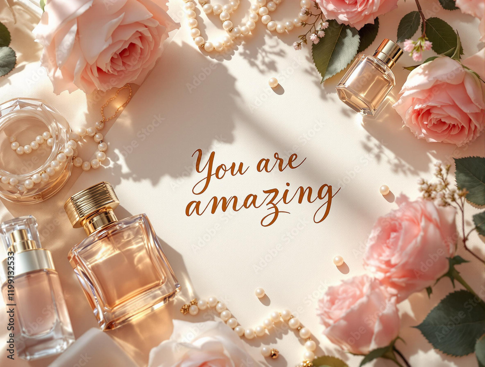Aufkleber collection of perfume bottles arranged on a surface with flowers and pearls. the words \