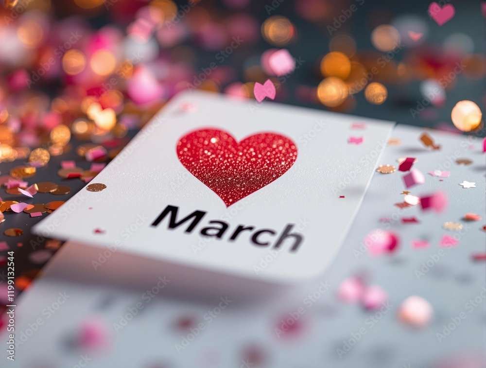 Poster A calendar page shows the month of March with a red heart-shaped marker on the date of the 14th. The background is filled with colorful confetti.