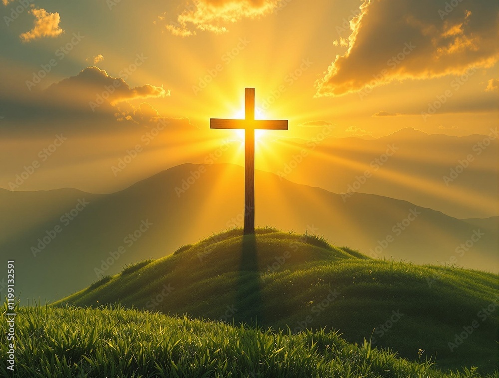 Poster a cross standing on a grassy hill with the sun shining brightly behind it, creating a beautiful and 