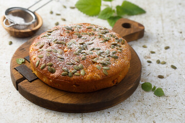 Homemade pumpkin pie with seeds