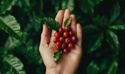 Handful of Red Coffee Berries with Lush Green Leaves Embodying Tropical Nature's Bountiful Harvest