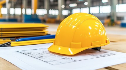 Yellow Hard Hat on Blueprints in Construction Workspace