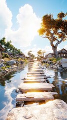 Village rejuvenation with sustainable materials after flood recovery in bright daylight