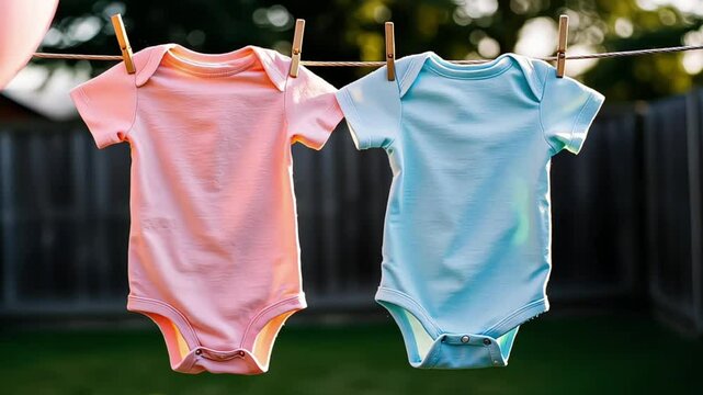 Blue and pink baby bodysuits on a clothesline with clothespins. Gender reveal concept. Boy or girl