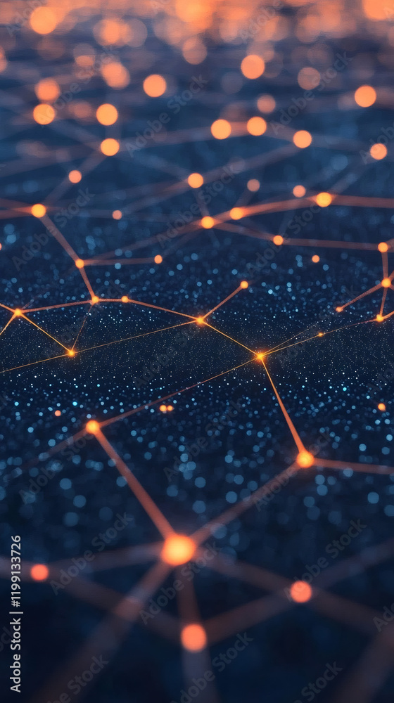 Aufkleber Complex network forming with glowing nodes and connections on dark background, concept of technology, communication and data transmission