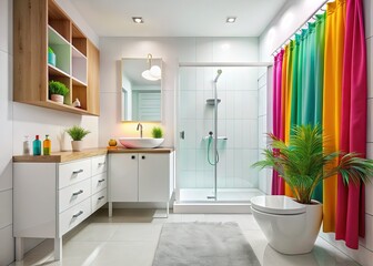 Fototapeta premium Bright White Bathroom with Colorful Shower Curtain & Storage - Stock Photo