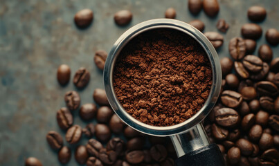 Rich Aromatic Ground Coffee Beans in Portafilter With Scattered Roasted Serenity Visualizing Morning Rituals and Caffeine Rich Flavor