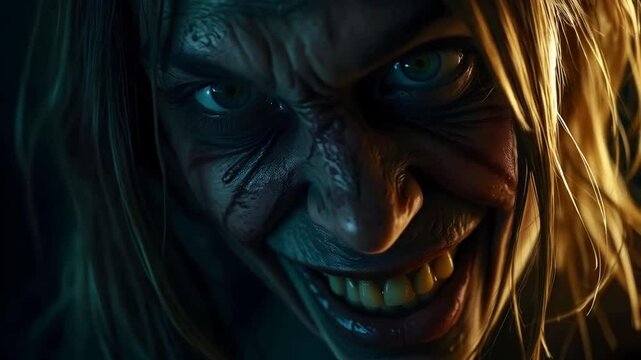 Bloodied teeth, evil cannibal maniac exuding madness and terror