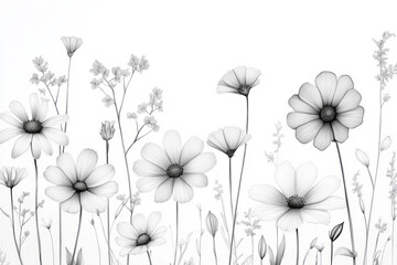 Naklejka premium Delicate field flowers print in monochrome, thin and intricate line drawings of wildflowers like daisies and grasses, arranged naturally on a clean white background, minimalist and elegant compositio