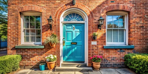 Naklejka premium Charming Light Blue Door Brick Townhouse with Arched Window - Stock Photo