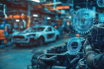 Industrial Factory Interior with Gear Graphics, Machinery, and Automobile Assembly Line Under Soft Lighting in the Background for Manufacturing Themes