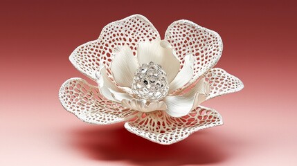 Intricate white flower sculpture featuring a sparkling crystal centerpiece on a vibrant red background