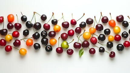 A colorful mix of berries and cherries placed in a random scatter on a clean white background