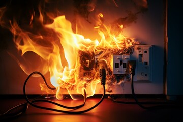 Overloaded electrical outlet catching fire with plugs, demonstrating electrical fire hazard and safety risks