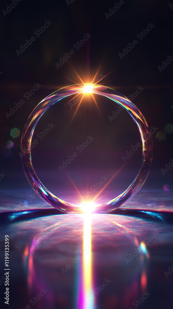 Poster luminous circular portal radiating bright light beams, hovering above vibrant surface, generating et
