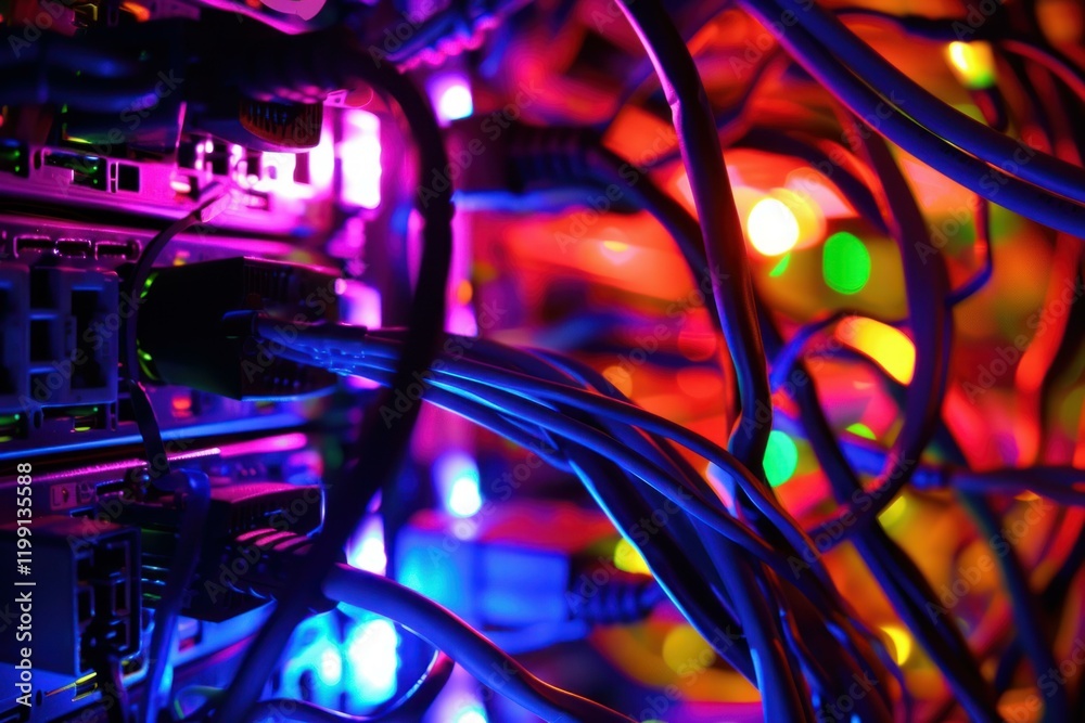 Poster close up of network cables attached to servers, creating a colorful bokeh effect in a data center