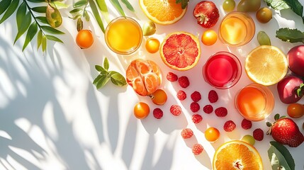 A fresh juice concept with a variety of fruits placed beside glasses on a white background