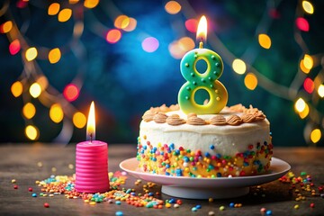 Delicious 8th Birthday Cake with Number Eight Candle - Stock Photo