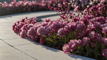 semi-circular arc of precisely placed glittering five-petaled flowers along the perimeter of a white oval, with alternate shades of deep magenta, light pink, and silver.