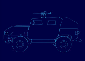 Blue drawing of a military vehicle with a gun on top. The vehicle is designed to be a tank and is shown in a blue drawing