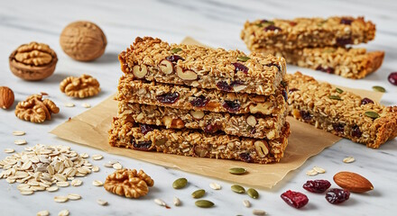 "Homemade granola bars with visible oats, nuts, and dried fruits stacked on parchment paper, surrounded by scattered ingredients on a marble surface."