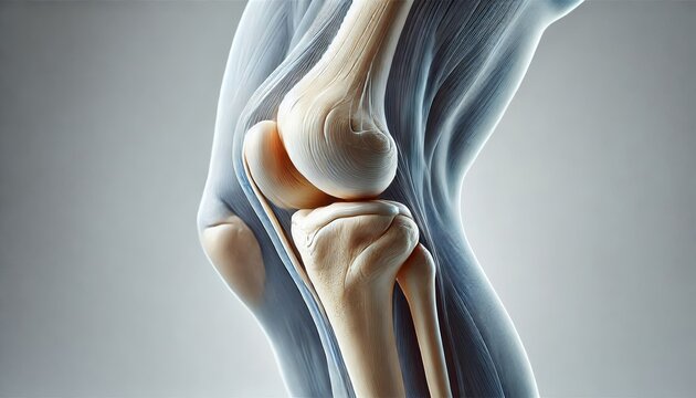 Realistic illustration of a human knee joint, showing bones and cartilage, isolated on a light neutral background for medical or educational purposes,