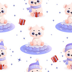 Seamless pattern with little white polar bear on ice floe and with gift on white background. Vector illustration. Kids collection.
