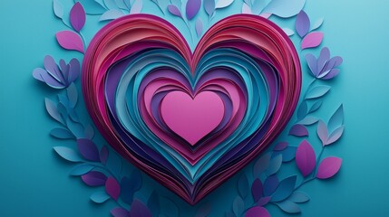 Vibrant paper hearts layered in shades of pink and blue creating a decorative artwork with floral elements against a teal background