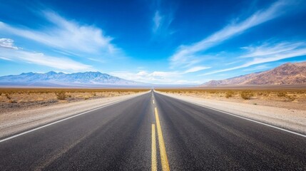 Naklejka premium Empty Highway Leading Through a Desert Landscape with Mountains in the Distance