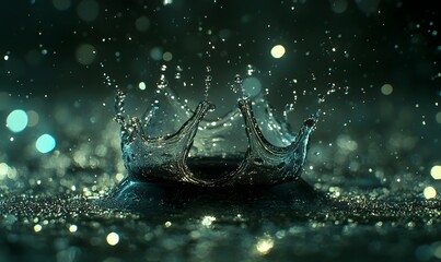 Water droplet crown splash on dark surface with bokeh lights.