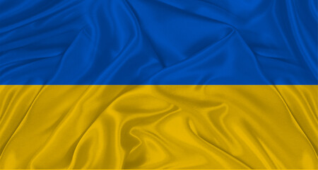 Ukrainian flag with fabric texture. Realistic flag of Ukraine waving