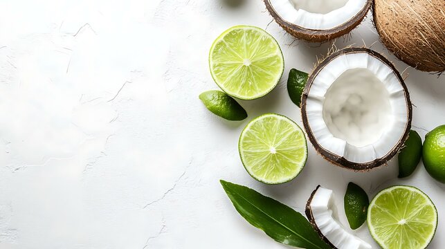 A summer vibe with fresh coconut halves and lime slices on a white surface