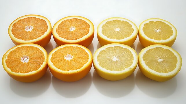 A symmetrical layout of sliced oranges and lemons placed alternately on a clean white surface