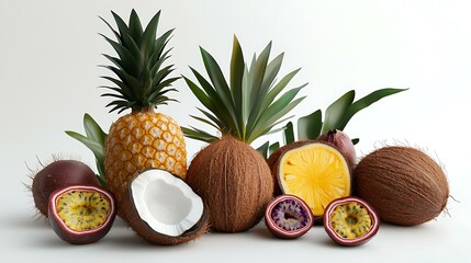 A tropical theme with coconuts, pineapples, and passion fruits placed on a white background