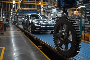 Fototapeta premium Industrial Scene with Automotive Manufacturing Process Featuring a Large Gear Hanging Over a Black Sedan in a Factory Environment