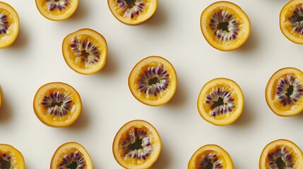 A vibrant flat lay of whole and halved passion fruits placed artistically on a clean white background