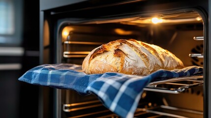 Rustic homemade bread cooling on cloth in oven
