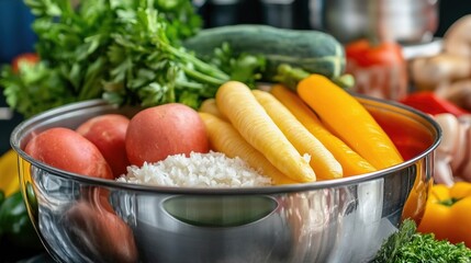 Fresh vegetables and rice prepared in a shiny metal bowl