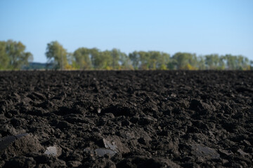 Freshly plowed chernozem before sowing. Soil texture in agriculture. Freshly plowed field. Close up