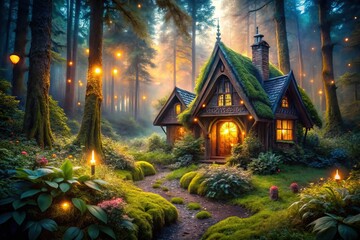 Fototapeta premium Enchanted Forest Cottage Night Long Exposure Fairy Tale House Stock Photo