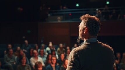 A public speaking workshop scene with a confident speaker presenting to an engaged audience,