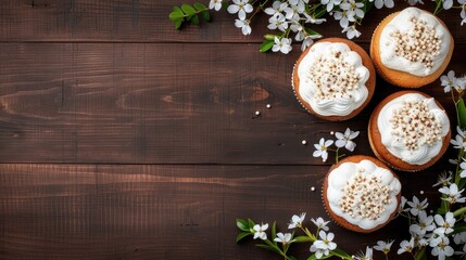 Obraz na płótnie Canvas Easter cakes featuring vibrant decorations and toppings are presented on a rustic wooden background. Floral accents enhance the festive atmosphere, perfect for a holiday celebration