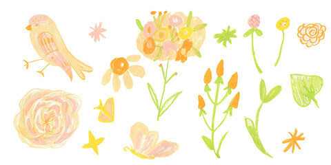 Obraz premium Clip art of bright tropical flowers and birds drawn with wax crayons on white isolated background. Children's botany collection of oil pastel illustrations. 