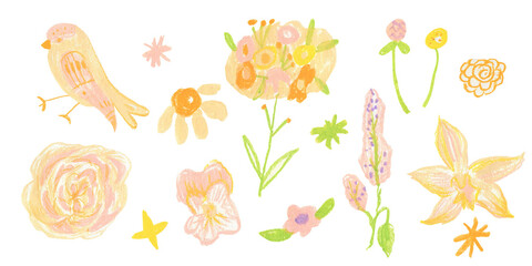 Clip art of bright tropical flowers and birds drawn with wax crayons on white isolated background. Children's botany collection of oil pastel illustrations. 