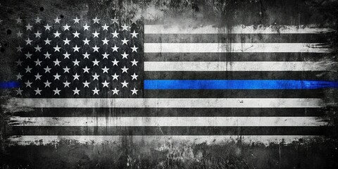 Grunge American Flag with Blue Line: Distressed Patriotism Stock Photo