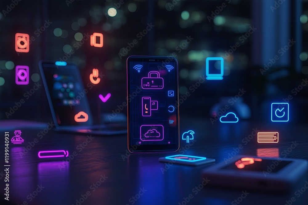 Poster a smartphone with exaggerated app icons in neon colors