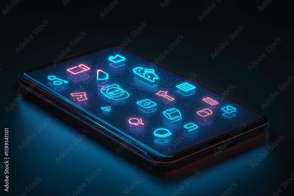 Poster A smartphone with exaggerated app icons in neon colors