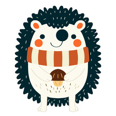 Raster illustration of a single cartoon hedgehog with a mushroom in a scarf on a white background, flat style